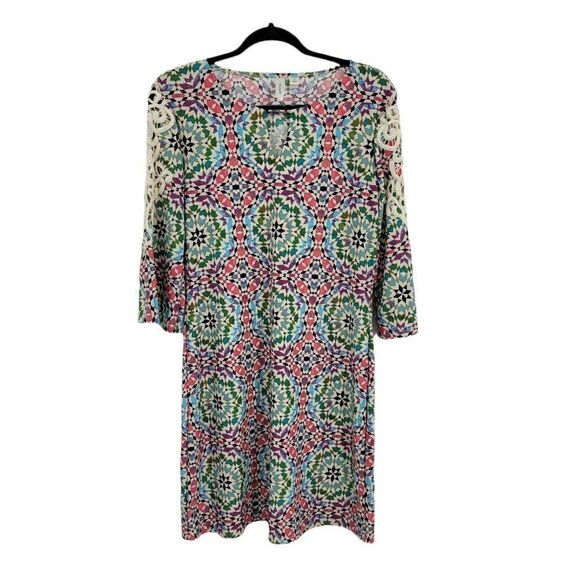 Tacera Dress Womens S Mod 3/4 Crochet Angel Sleeve Keyhole Scoop Neck Shift Pink - Picture 1 of 10